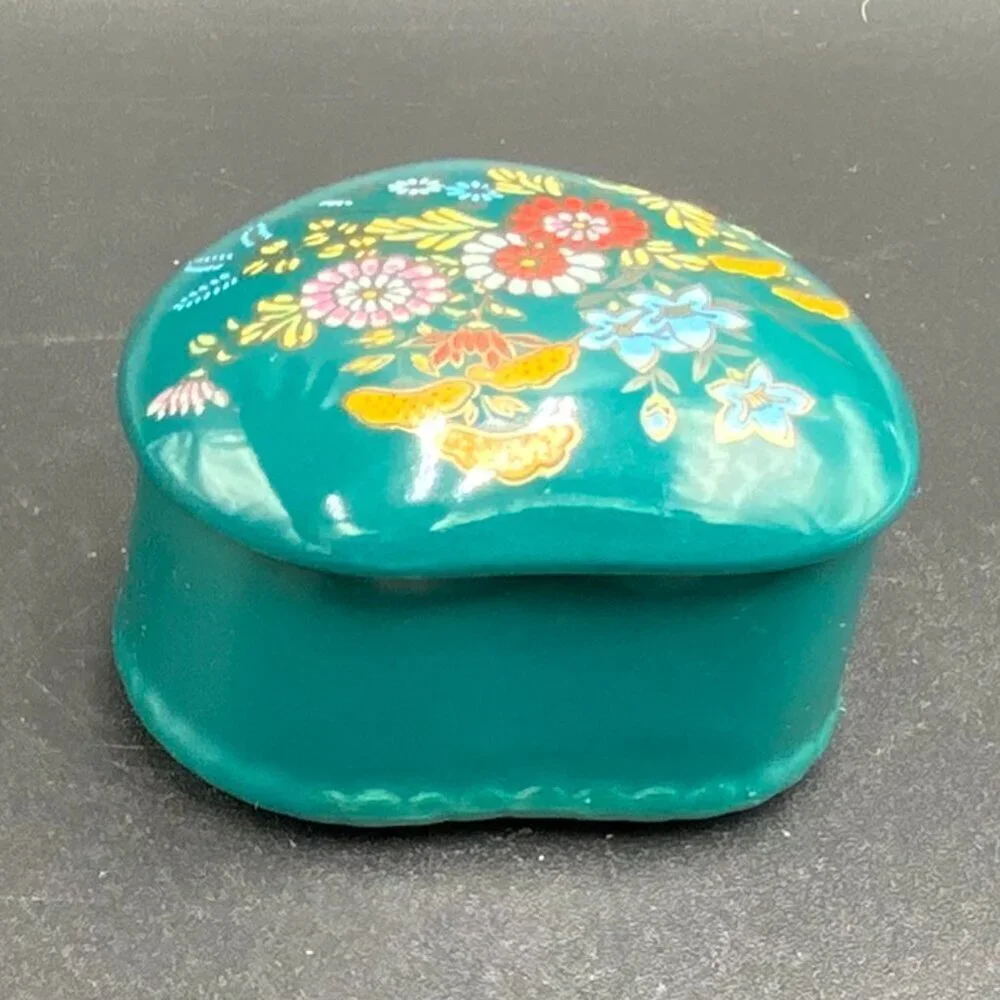Teal Hand Painted Floral Heart Porcelain Trinket Box Made in Japan